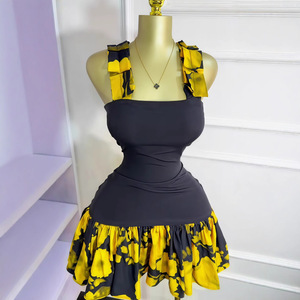 ชุดเดรสสั้นแฟชั่นฤดูร้อนแบบใหม่สำหรับผู้หญิง แขนกุด พิมพ์ลาย คอแบบผูก แต่งระบาย - Product Image 2