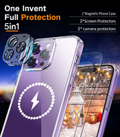 Coque de téléphone magnétique transparente 5 en 1 avec protection d'écran en verre trempé + protection de l'appareil photo pour iPhone 16 15 14 13 12 11 Pro Max