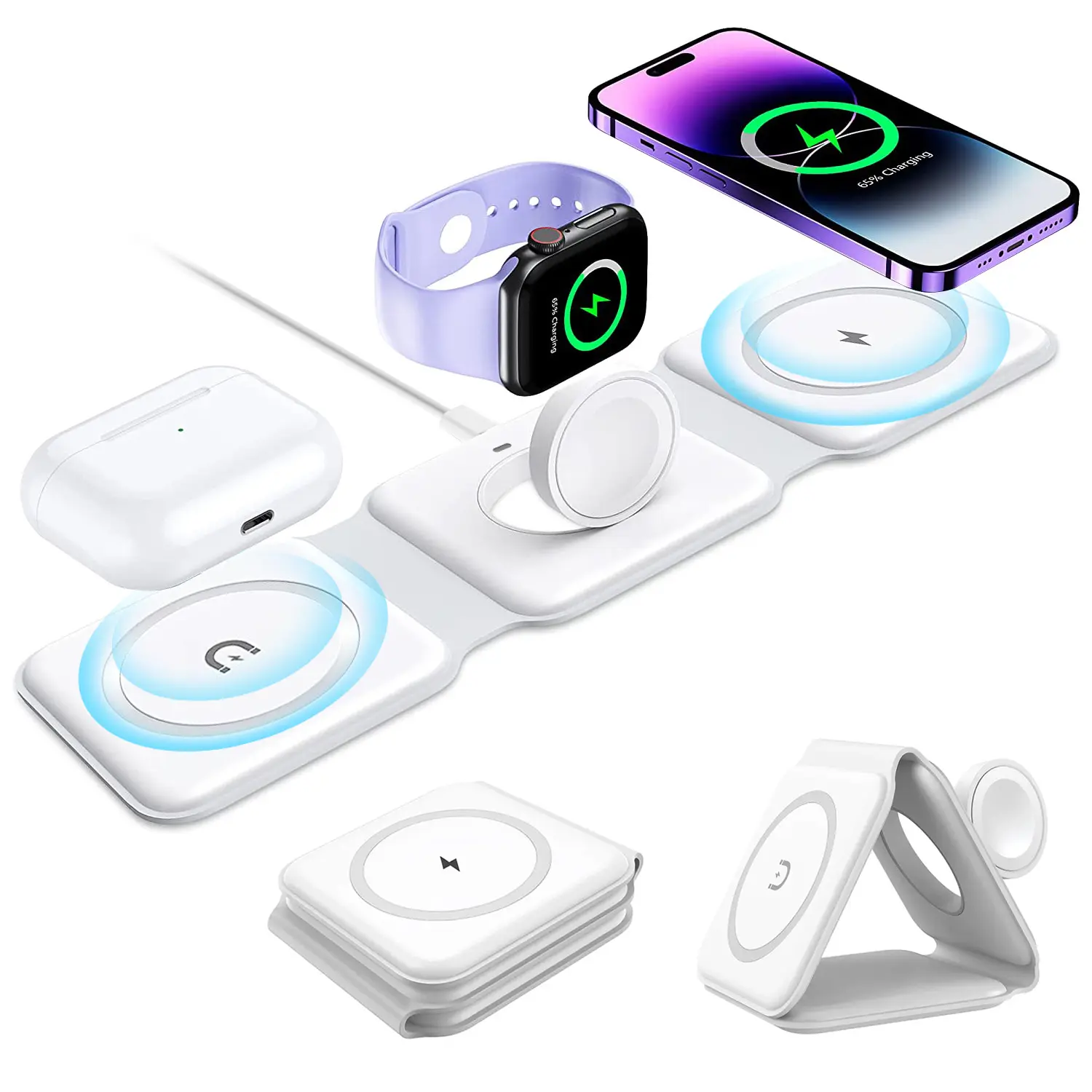 Çok fonksiyonlu taşınabilir katlanabilir manyetik kablosuz şarj izle airpods cep telefonları iphone 3 1 kablosuz şarj