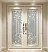 Porte d'entrée résidentielle de sécurité en fer forgé de luxe haut de gamme - Décor doré forgé avec panneau de verre à double motif