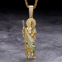 Collier Pendentif Saint Thaddée en Or Rempli de Zircon et Strass, Breloque San Judas, Bijoux pour Homme, Idéal Cadeau, Vente en Gros