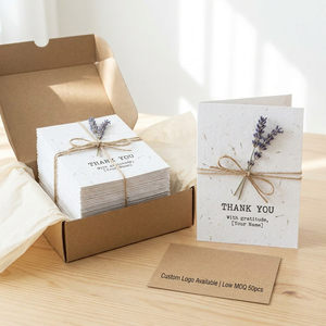 Cartes de remerciement personnalisées en papier vanille fait main avec logo, corde de chanvre et lavande séchée |   Cartes de vœux rustiques personnalisées en gros - Product Image 3