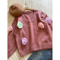 Sweter Rajut Poliester 100% Aplikasi Bunga 3D Multi-warna Musim Gugur/Dingin Terbaru, Kerah V, Model Elegan Ukuran Besar