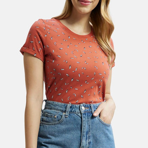 T-shirt en coton tricoté décontracté à manches courtes pour femme, col rond, imprimé orange, coupe classique, respirant, collection Printemps-Été, en vente en ligne - Product Image 5