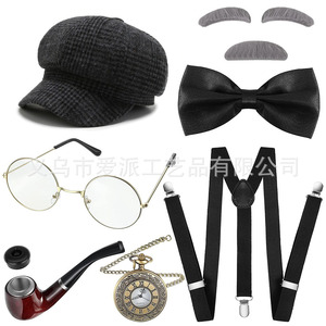British Retro Hat Pipe Pocket <b>Watch</b> Suspenders Bow Tie Mustache Halloween Costume Props Men's Party <b>Set</b> - Product Image 2