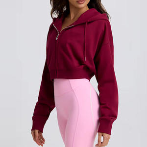 OEM Custom Casual Front Long Sleeve Lightweight Cotton Terry <b>Zip</b> <b>up</b> Oversized <b>Women</b> Workout Gym Cropped Hoodie <b>Jacket</b> - Product Image 4
