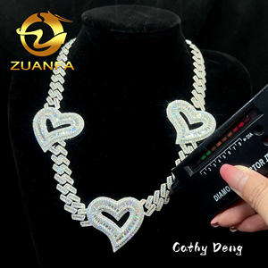 Nuevo personalizado exagerado tres corazones 925 cadena de eslabones cubanos 13mm VVS Moissanite diamante Hip Hop enlace cubano collar inicial helado - Product Image 3