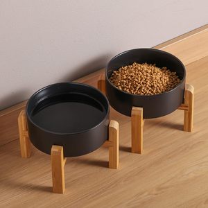 Bol pour animaux de compagnie noir mignon et moderne personnalisé Bols pour chien surélevés en bois de <span class=keywords><strong>porcelaine</strong></span> Bol pour chien en céramique et bois dégradés avec support - Product Image 6