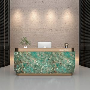 Mostrador de Recepción Curvo en Oferta, Barra de Bar Lacada con Aspecto de Mármol para Vestíbulo de Hotel, Estación de Caja de Acero Inoxidable - Product Image 1