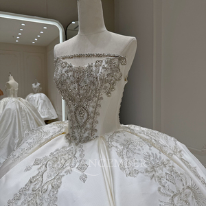 Xx81 Luxury Modern Ivory Strapless Satin <b>Ball</b> <b>Gown</b> Quinceanera Dress Beaded Crystal Applique Bridal Wedding Prom Chapel Train - Product Image 3