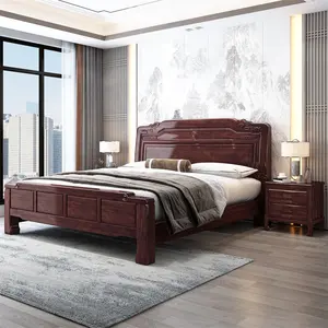Venda de fábrica cama de casal de madeira maciça simples, conjunto de móveis de quarto, cama de casal de madeira, desenhos