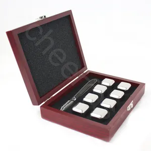 Reusable Silver Color Whiskey Cooling Stone And Wood Box Gift Set 8 Piece 304 Stainless Steel Whiskey Cubes Ice Chilling Stones