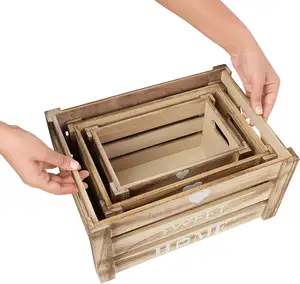 बेले Vous लकड़ी के हैंडल के साथ बॉक्स बक्से (3 के सेट)-देहाती छोटे, मध्यम और बड़े आकार सजावटी लकड़ी टोकरा
