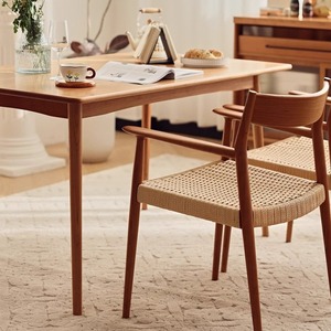 Sillón Nórdico de Madera Maciza de Roble y Cerezo con Asiento Tejido en Cuerda, Silla de Comedor de Estilo Japonés Minimalista para Adultos - Product Image 4