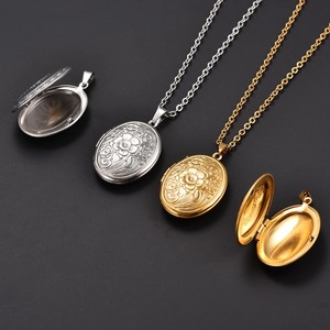 Collier pendentif médaillon ovale en acier inoxydable gravé floral pour femme, cadre photo souvenir, breloques, chaîne, bijoux en métal - Product Image 1