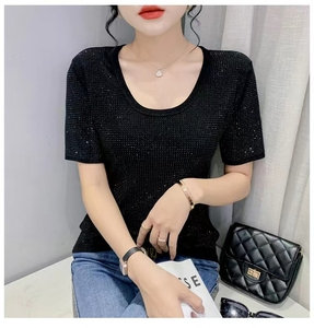 Ropa de Verano para <span class=keywords><strong>Mujer</strong></span>, Camisetas con Pedrería Brillante, Camisetas Negras con Diamantes Plateados para <span class=keywords><strong>Mujer</strong></span> - Product Image 4