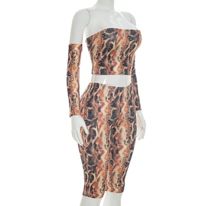 Viviblook D26ST206 Women <b>Set</b> <b>Sexy</b> Sleeveless New Snake Print Strapless Crop Top Skinny Cropped Pants <b>Set</b> With Sleeves - Product Image 3