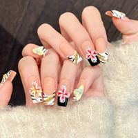 Faux ongles à presser faits main, motif zèbre français estival, luxe, avec fleurs 3D, réutilisables, à coller, pour la vente en gros
