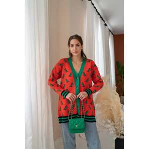 เสื้อคาร์ดิแกนถักลายสีส้มสำหรับผู้หญิง สไตล์ลำลอง คอวี แขนยาว สีตัดกัน - Product Image 6