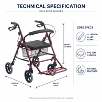 Déambulateur en aluminium avec siège et repose-pieds pliables, rouge, 4 roues, aide à la marche pour les personnes âgées