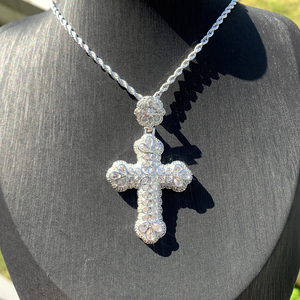 Iced Out Bling Hip Hop Bijoux Micro Pave 5A CZ Feuille Fleur Gravé Croix Pendentif Hommes Collier - Product Image 2