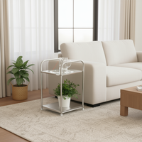 Mesa Auxiliar Cuadrada Minimalista de Acero Inoxidable de Dos Niveles con Acabado Brillante y Duradero, Mini Estante para Sala de Estar