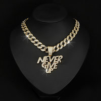 Femmes Hommes Bijoux Hip Hop Bling Rhinestone Alloy Letter NEVER GIVE UP Punk Pendant Cuban Chain