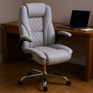 Chaise de bureau exécutive grise en cuir PU avec dossier rembourré, accoudoirs réglables, pivotante, pour bureau à domicile, design contemporain - Product Image 2