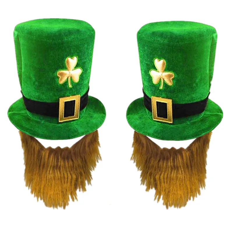 Adult Deluxe Green Velvet Top Hat with Ginger Beard Accessories Irish Fancy Dress for Cosplay Themed Party and Christmas