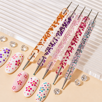 Set 5 Buah Pena Dotting Berlian Ujung Ganda untuk Seni Kuku, Pena Dotting Bunga dan Mutiara, Bubuk Cat Kuku, Stik Glitter