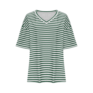 T-shirt Heather Stripe en coton mélangé à manches courtes pour femmes, grande taille, style neutre polyvalent, essentiel - Product Image 1