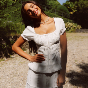 White Lace Trim <b>Tie</b> Front Square Neck Puff Sleeve Women's Short Sleeve T-Shirt - Product Image 2