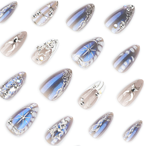 Ongles Press-On de Luxe Faits Main Cyber Y2K Effet Argent <span class=keywords><strong>Liquide</strong></span> Métallique Étoile Lune Œil de Chat Réutilisables Service OEM ODM pour Femmes - Product Image 3