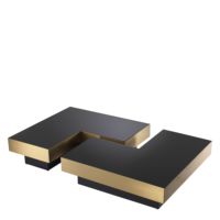 Ensemble de 4 meubles de salon, cadre métallique en laiton brossé, haut en verre noir, table basse, carré, lot de 4 pièces