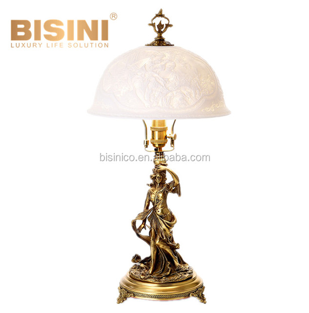 Elegant Enamel Porcelain Lamp Shade With Figurine Base, European Style Bronze Table Lamp, Bronze Art Lady Figurine Statue Lamp