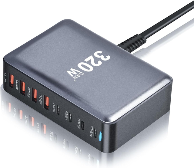 8-Port 320W GaN III USB C Fast Charging Station Portable 100W PD Charger Power Adapter with SCP Function for Laptop