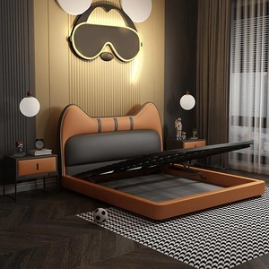 Ánh sáng sang trọng sáng tạo dễ thương tai mèo Giường da hiện đại đơn giản cậu bé đơn đôi gỗ rắn sinh viên Tuổi Teen Giường trẻ em - Product Image 3