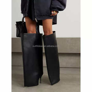 Exaggerated Volume Matte Calfskin Wedge Heel Girls <strong>Knee</strong> <strong>High</strong> Straight <strong>Boot</strong> <strong>Wide</strong> <strong>Leg</strong> Women <strong>Boots</strong> New Wader 110mm <strong>Boot</strong> in Black - Product Image 2