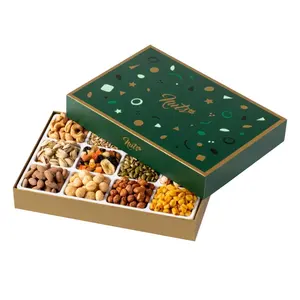 Scatola di Natale di lusso di frutta a guscio scatola quadrata con coperchio di cioccolato cibo carta regalo accetta Logo personalizzato rosso verde BYH