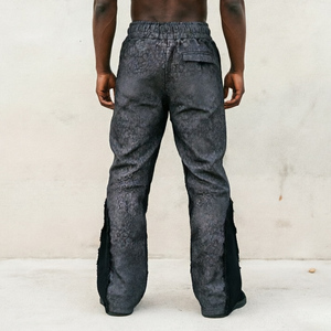 Custom Y2K Men's Low Waist Button Fly Eco-Friendly Heavyweight Leather Acid Wash Vintage Full Print Flare Jeans Pants Wholesale - Product Image 2