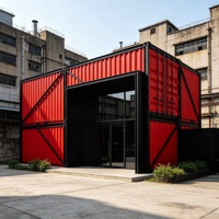 Bâtiment Modulaire Préfabriqué en Panneaux Sandwich, Conteneur d'Exposition, Salle d'Exposition, Empilable, Rouge et Noir, Grande Entrée en Verre, Industriel