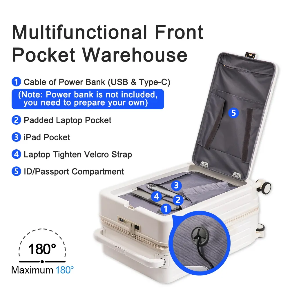 Maleta abierta frontal multifunción para equipaje con carrito ancho al por mayor con portavasos para portátil y puerto de carga USB