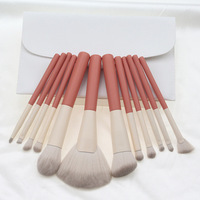 Lot de 12 pinceaux de maquillage courts vegan rose beige doux avec sac Pinceaux de maquillage synthétiques de marque privée logo personnalisé