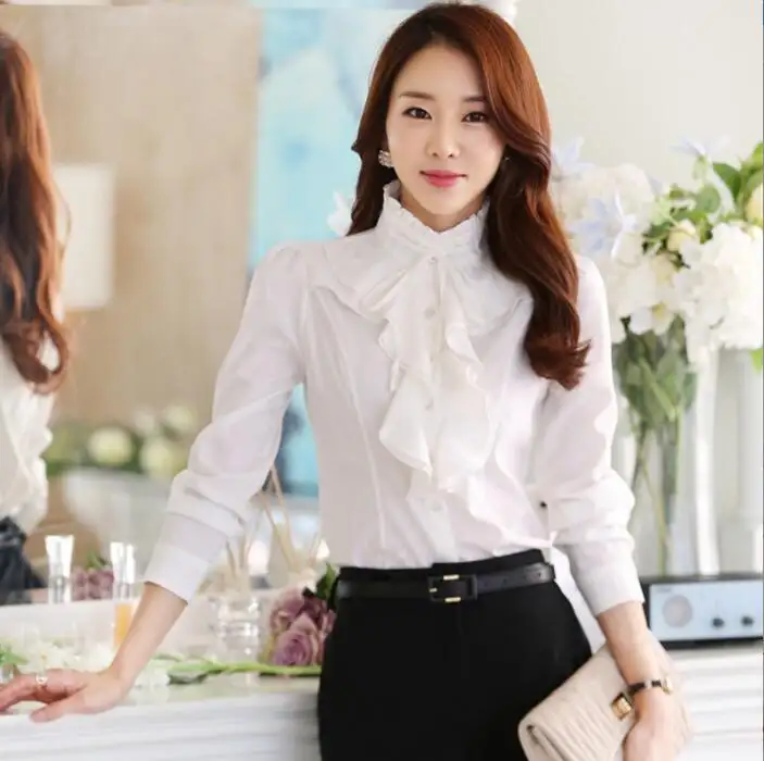 Ladies Autumn Long Sleeve Chiffon Button Up Shirt Women's Casual White Vintage Office Tops Stand Collar Ruffles Work Blouses