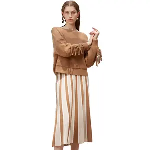 하이 엔드 스페셜 디자인 캐시미어 3D 루프 테리 뜨개질 크로 셰 뜨개질 술 라운드 넥 긴 소매 여성 니트 풀오버 스웨터