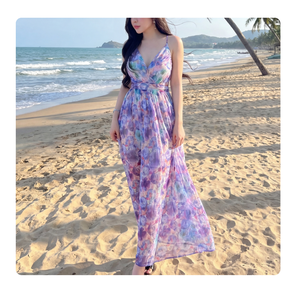 Vestido Maxi de Gasa Floral para Mujer, Cuello en V, Tirantes Finos, Estilo Fluido, Casual de Otoño, para Resort, OEM ODM, Venta al por Mayor, Vietnam - Product Image 1