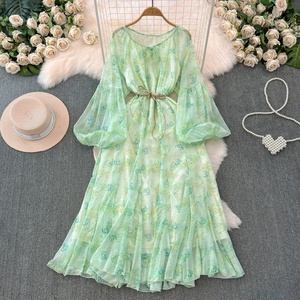 Vestido Largo de Gasa con Cuello Redondo y Estampado Floral, Estilo Primavera-Otoño, Elegante y con Atitude, Ideal para la Hora del Té - Product Image 2