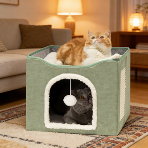 Cama plegable para gatos con rascador, casa acogedora de dos niveles con cojín extraíble - Product Image 1