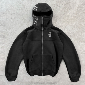 All'ingrosso felpa con cappuccio a <span class=keywords><strong>doppia</strong></span> Zip integrale oversize con Logo acido lavaggio con cappuccio Unisex ricamato Full Face Zip up felpa da uomo - Product Image 1