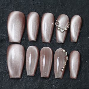 Wholesale Handmade Acrylic Full-Cover Coffin Shape False <b>Nails</b> Pre-Designed Pink/White Gradient Rhinestone Design Long Tips - Product Image 3